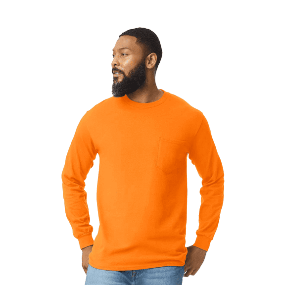 Gildan Hi-Viz Long Sleeve Pocket T-Shirt for Men, Ultra Cotton Crewneck Safety Orange Workwear, L