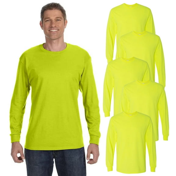 Gildan Hi Viz Long Sleeve Safety T-Shirt, 50/50 Cotton/polyester Workwear in Heavy Blend, Green, Pack of 5, XL