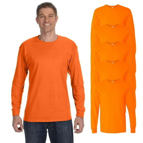 Gildan Hi Viz Long Sleeve Safety T-Shirt, 50/50 Cotton/polyester Workwear in Heavy Blend, Pack of 5, 2XL