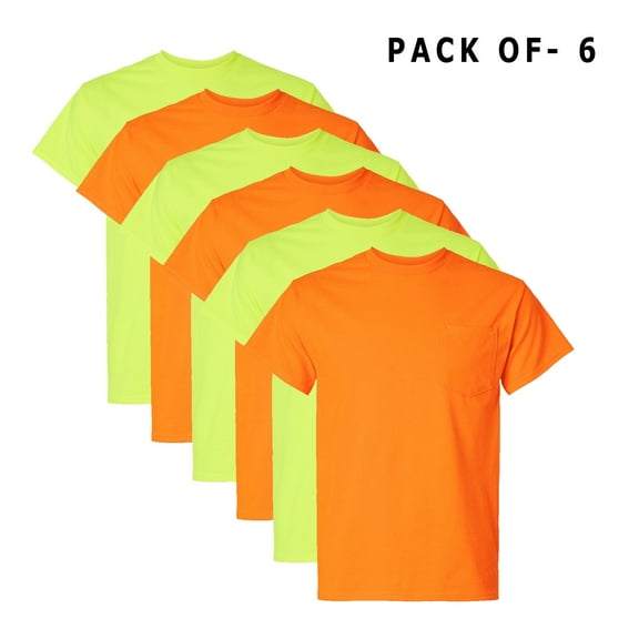 Gildan High Visibility Safety T-Shirt, Hi Vis Short Sleeve Workwear Tee with Pocket, Safety Green, Orange, 6 Pack, 2XL