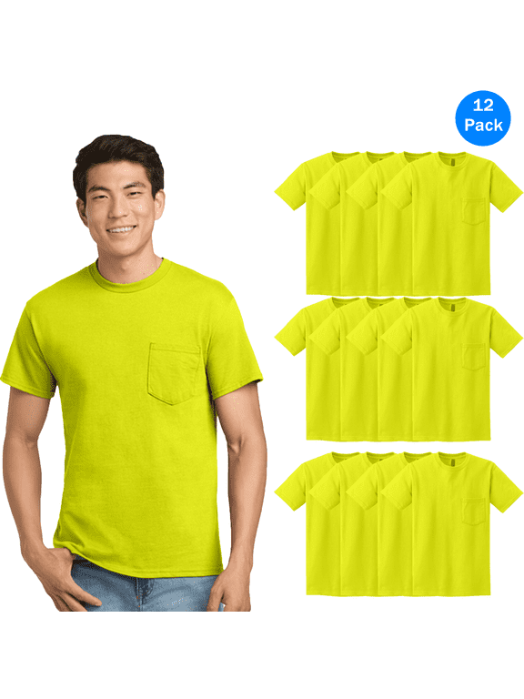 High-Visibility Cotton/Poly T-shirt with Pocket, Safety Green Men Workwear Tee, Pack-12 Size: 5XL