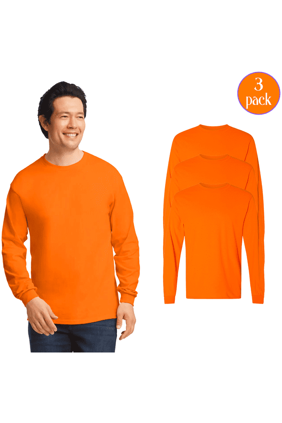 High Visibility DryBlend Long Sleeve T-Shirt, Men Rib Collar Safety Orange Work Tee, 3-Pack, 3XL