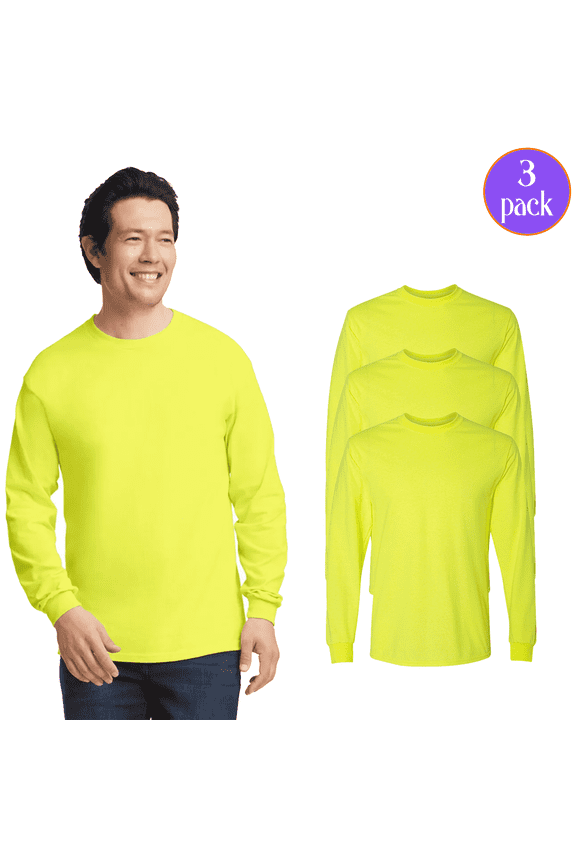 High Visibility DryBlend Long Sleeve T-Shirt, Men's Hi Vis Work Safety Green Tee, 3-Pack, XL