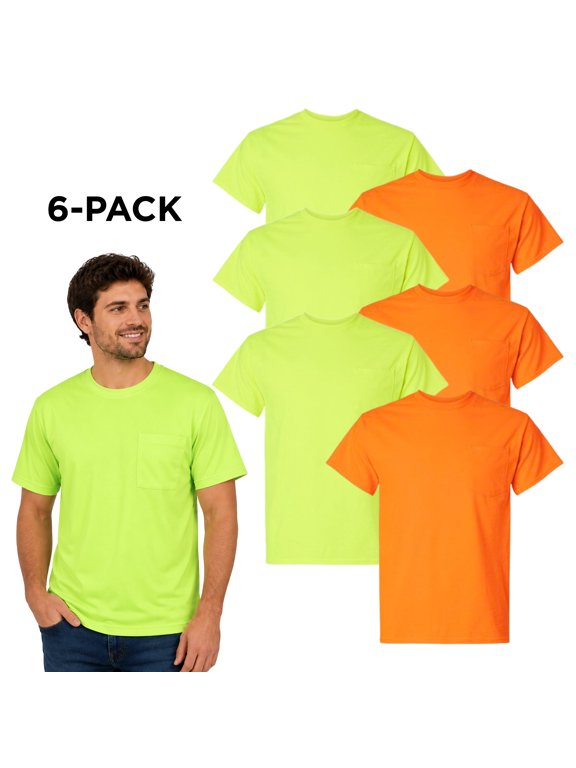 High Visibility DryBlend Work T-Shirt with Pocket Hi Vis Safety Short Sleeve Plain Tee (Safety Green-Orange Pack 6, 2XL)