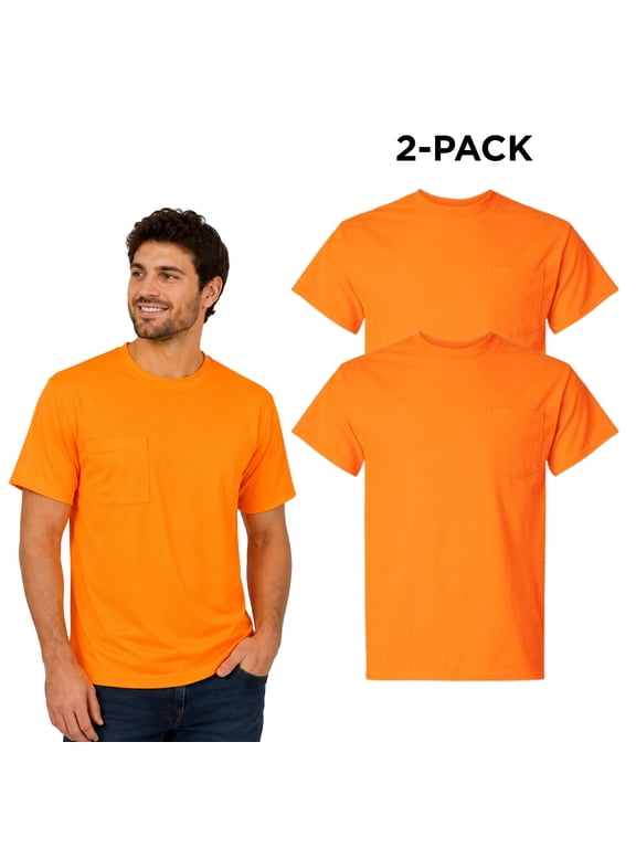 High Visibility DryBlend Work T-Shirt with Pocket Hi Vis Safety Short Sleeve Plain Tee (Safety Orange Pack 2, XL)