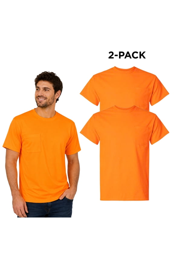 High Visibility DryBlend Work T-Shirt with Pocket Hi Vis Safety Short Sleeve Plain Tee (Safety Orange Pack 2, XL)