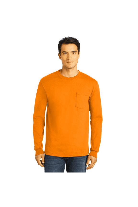 High-Visibility Long Sleeve Cotton Pocket T-Shirt for Men, Safety Work Top, Safety Orange, XL