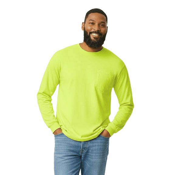 Gildan High Visibility Long Sleeve Pocket T-Shirt, Men's Ultra Cotton Safety Green Work Tee, XL