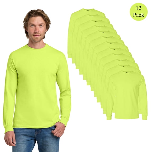 Gildan High Visibility Long Sleeve T-Shirt, Hi Vis Safety Green Shirt for Men, 12-Pack Tee, L
