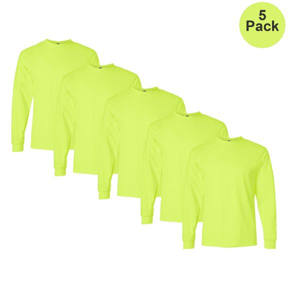 Gildan High Visibility Long Sleeve T-Shirt, Men's Hi Vis Crewneck Work Shirt, Safety Green, 5 Pack, XL