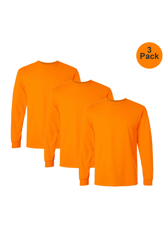 High Visibility Long Sleeve T-Shirt, Men's Safety Orange Hi Vis Work Pullover Tee, 3 Pack, XL
