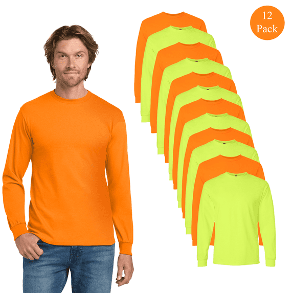Gildan High Visibility Long Sleeve Tee, Mix Color Hi Vis Shirt Pack of 12, Work T-Shirt, S
