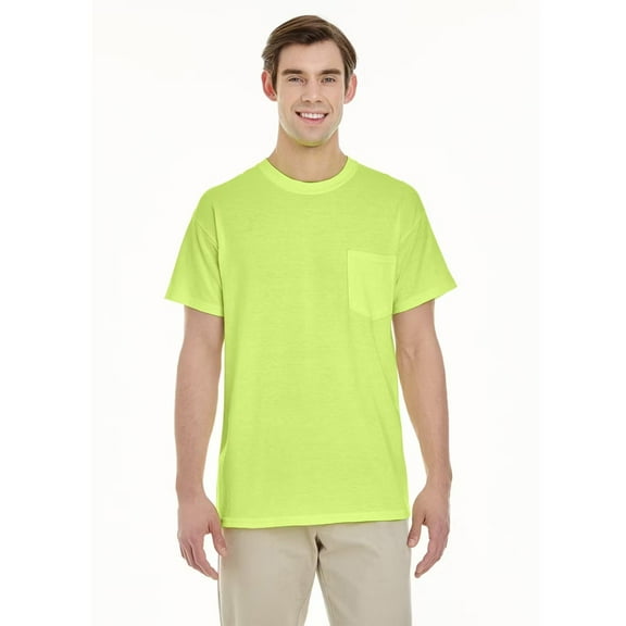 Gildan High Visibility Pocket T-Shirt, Men Work Safety Shirt, Hi Vis Green Short Sleeve Pocket Tee, S-3XL 1 Pack