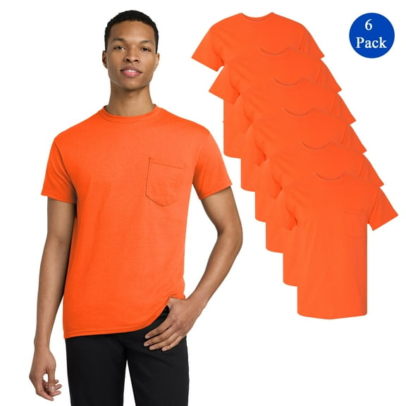 Gildan High Visibility Pocket T-Shirt, Men's Short Sleeve Safety Orange Work Shirt, 6 Pack, L