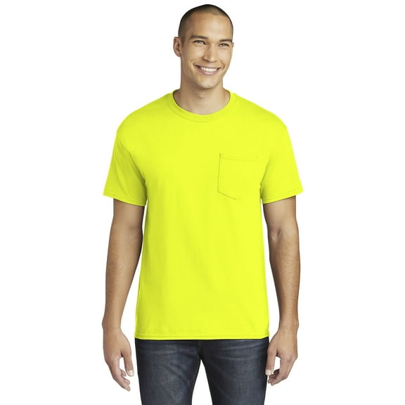 Gildan High Visibility Pocket T-Shirt, Safety Green, Men Short Sleeve Crew Neck Work Wear, Size-XL