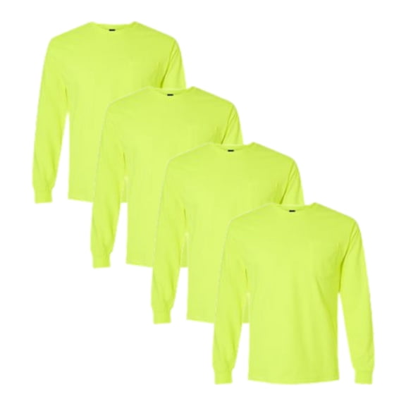 Gildan High Visibility Safety Long Sleeve Pocket T-Shirt Classic fit Plain Work Shirts (Safety Green Pack 4, L)
