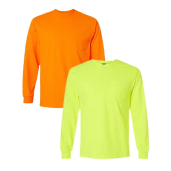 Gildan High Visibility Safety Long Sleeve Pocket T-Shirt Classic fit Plain Work Shirts (Safety Green-Safety Orange Pack 2, 3XL)