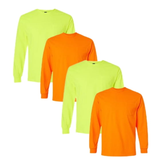 Gildan High Visibility Safety Long Sleeve Pocket T-Shirt Classic fit Plain Work Shirts (Safety Green-Safety Orange Pack 4, M)