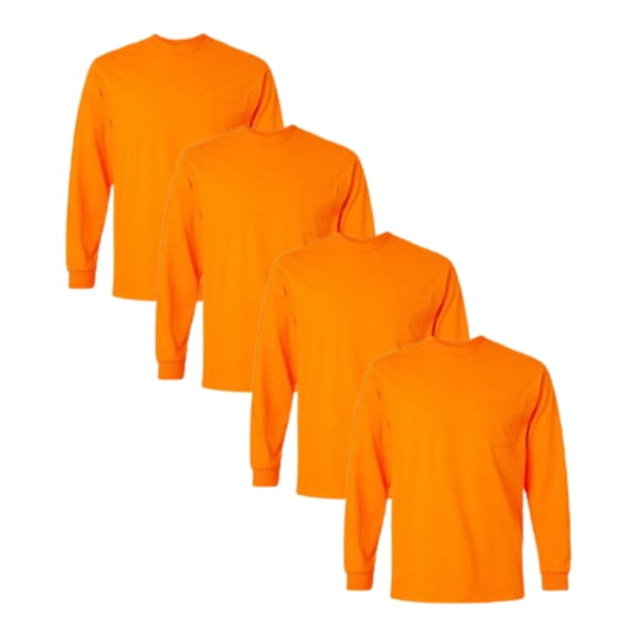 Gildan High Visibility Safety Long Sleeve Pocket T-Shirt Classic fit Plain Work Shirts (Safety Orange Pack 4, L)