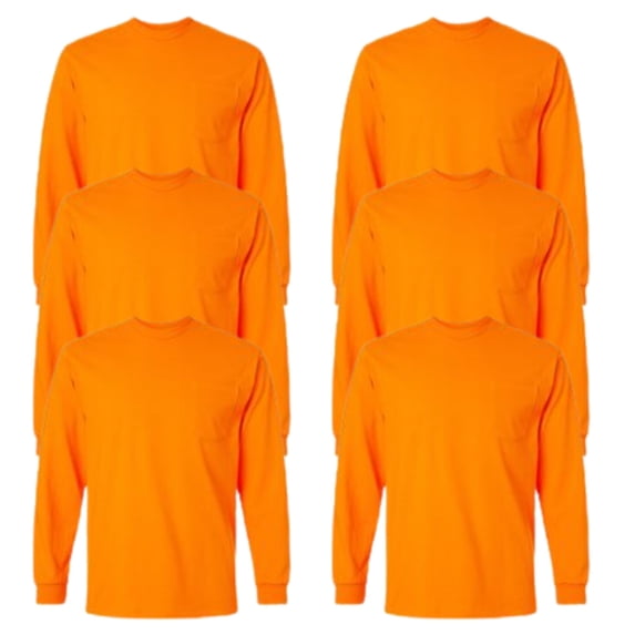 Gildan High Visibility Safety Long Sleeve Pocket T-Shirt Classic fit Plain Work Shirts (Safety Orange Pack 6, 4XL)