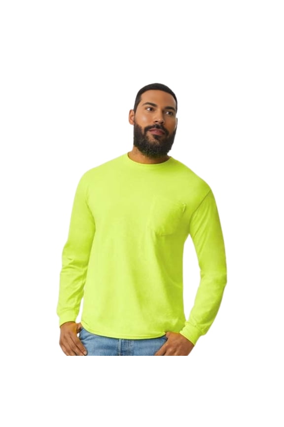 High Visibility Safety Long Sleeve Pocket T-Shirt Unisex Hi Vis Work Tees (Safety Green, M)
