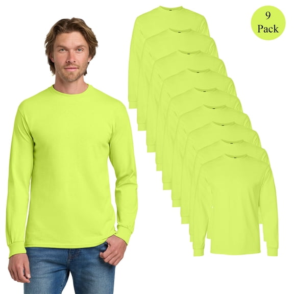 Gildan High Visibility Safety Long Sleeve T-Shirt, Men's Hi Vis Safety Green Workwear Shirts, 9-Pack, S