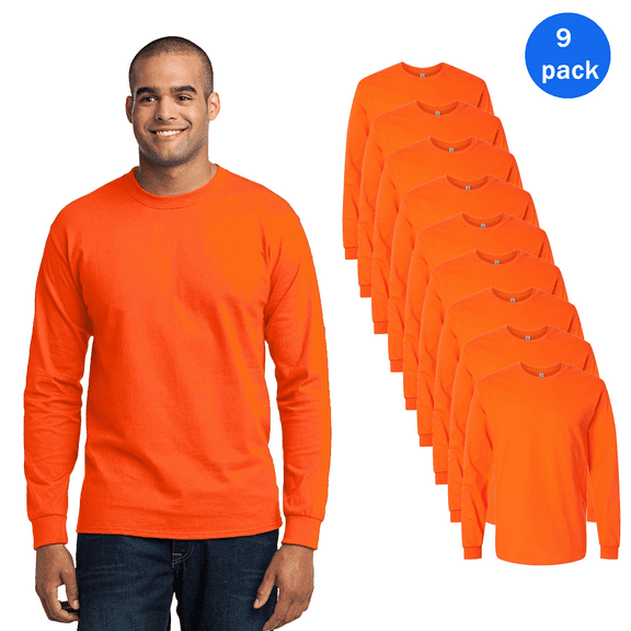 Gildan High Visibility Safety Orange Work Long Shirts - 9 Pack, Lightweight 5.3oz Hi-Vis Crew Neck T-Shirts, Size: S