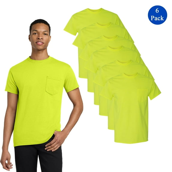 Gildan High Visibility Safety Pocket T-Shirt, Men's Short Sleeve Safety Green Work Tee, 6 Pack, S