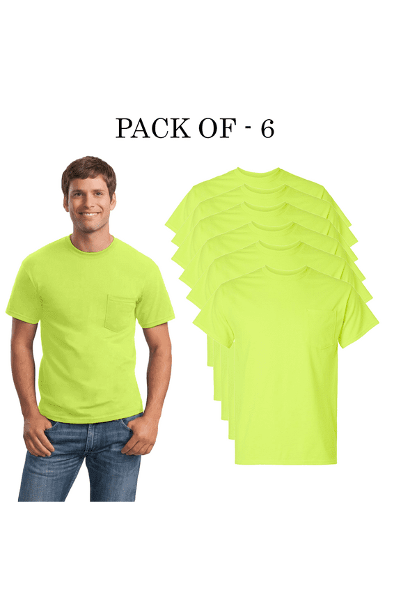 High Visibility Safety Pocket T-shirt for Man | 50/50 Cotton/Polyester, Hi Vis Short Sleeve Safety Green Tee 6 oz, Classic fit Pack-6, Size 2XL