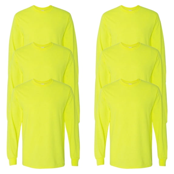 Gildan High Visibility Safety T-Shirt Classic fit Plain Tees Men's Hi-Vis Workwear Long Sleeve Shirts (Safety Green Pack 6, 4XL)