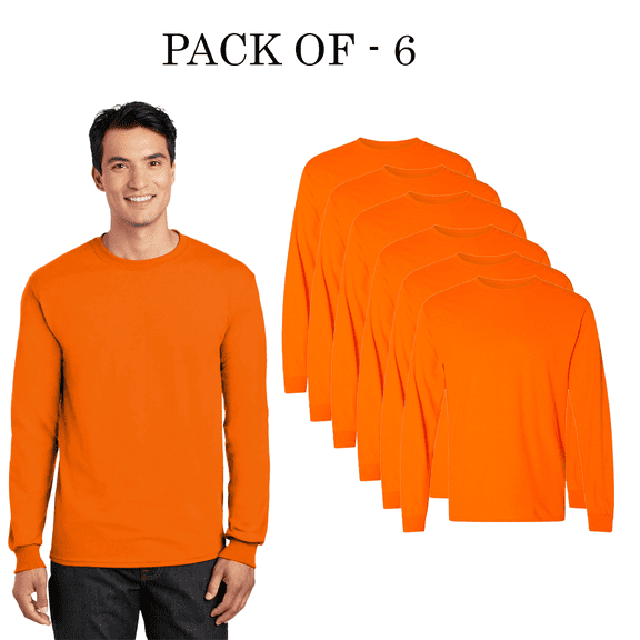 Gildan High Visibility Safety T-shirt | DryBlend Long Sleeve Tee Workwear for Construction, Hi-Vis Shirt, 50/50 Cotton/Polyester Safety Orange Pack-6, Size M