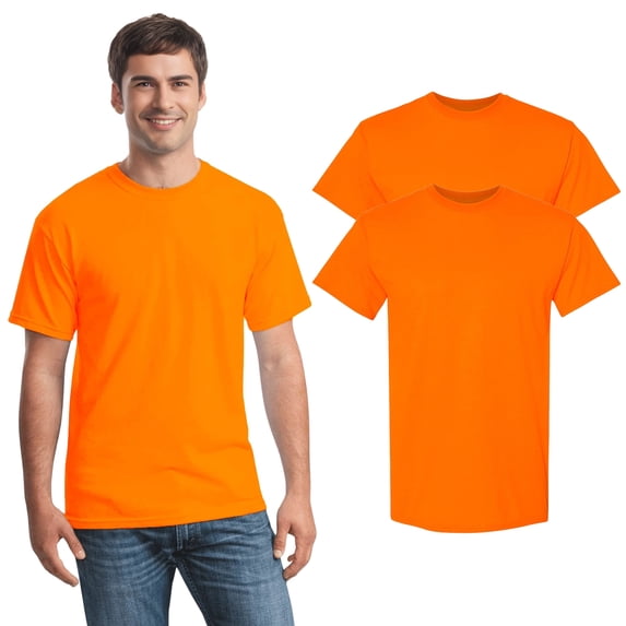 Gildan Men's High Visibility Short Sleeve Safety Work Shirt, 50/50 Cotton/Polyester Safety Shirt, (Safety Orange 2Pcs, Size - 3XL)