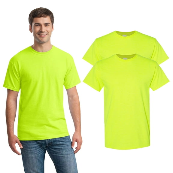Gildan Men's High Visibility Short Sleeve Safety Work Shirt, 50/50 Cotton/Polyester Safety Shirt, (Safety Green 2Pcs, Size - L)
