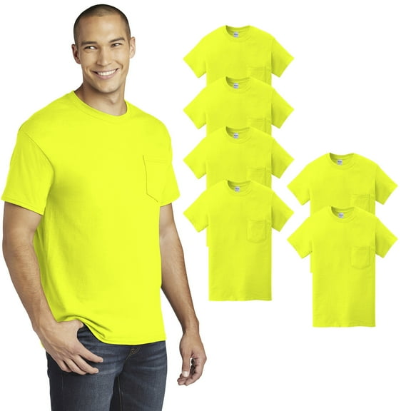 Gildan High Visibility Short Sleeve Pocket T-Shirt, Men Hi Vis Workwear, Safety Green, Pack of 6, XL