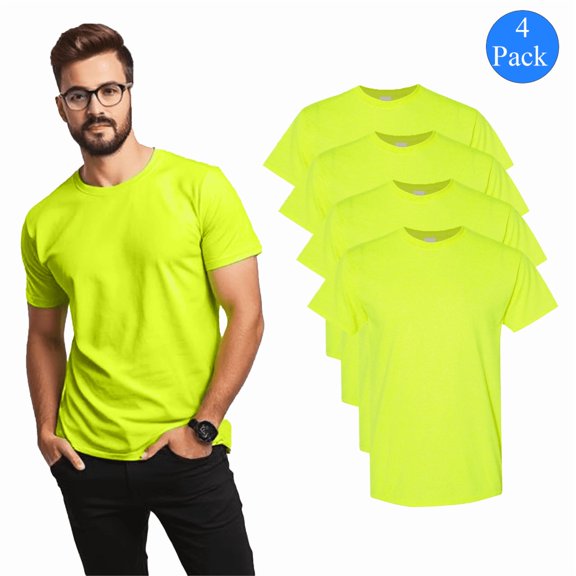 Gildan High Visibility Short Sleeve Shirts Work Reflective 3XL Size | 5.3 oz. Crew Neck Hi Vis Mens Safety Green Work T-shirts | Pack 4