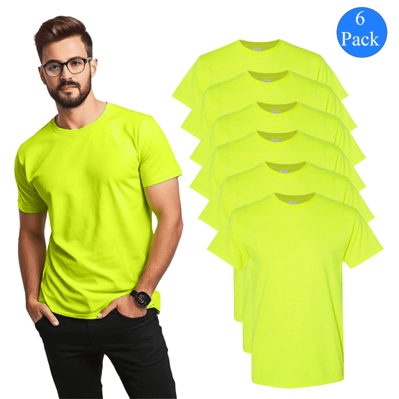 Gildan High Visibility Short Sleeve Shirts Work Reflective 4XL Size | 5.3 oz. Crew Neck Hi Vis Mens Safety Green Work T-shirts | Pack 6