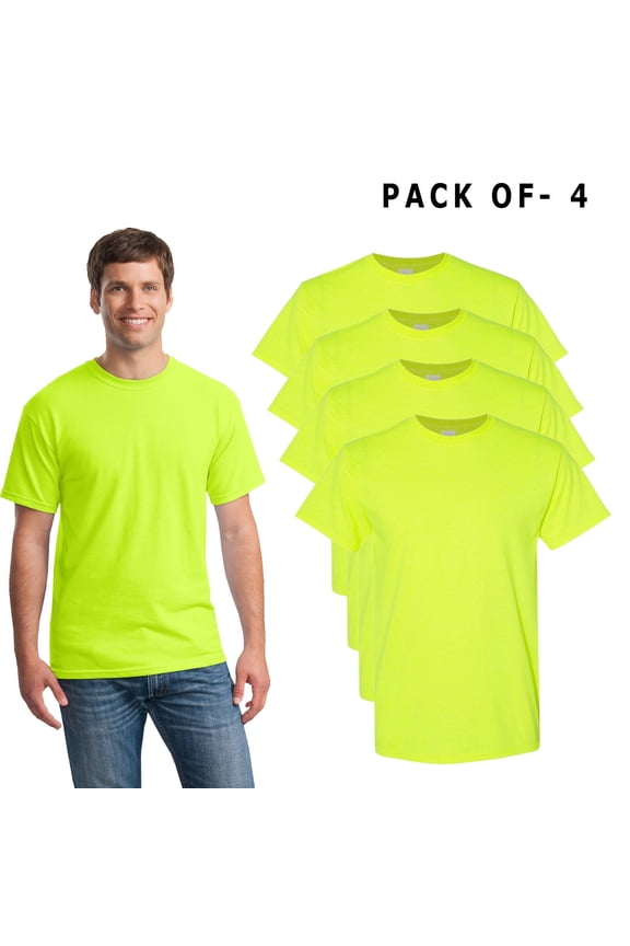 High Visibility Short Sleeve Shirts Work Reflective XL Size | 5.3 oz. Crew Neck Hi Vis Mens Safety Green Work T-shirts | Pack 4