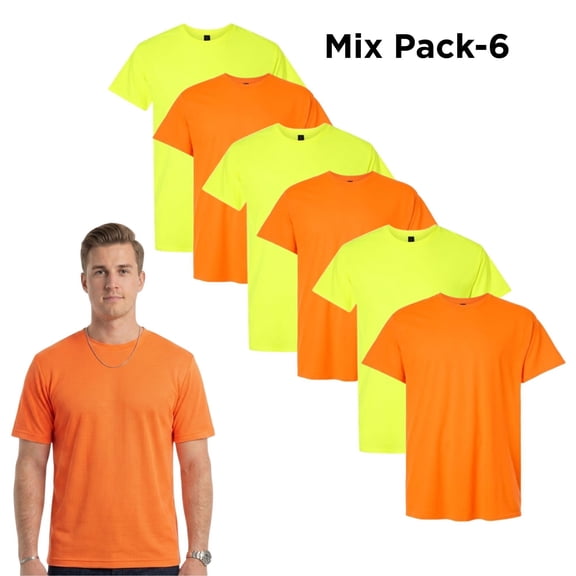 Gildan High Visibility Unisex Safety T-Shirt 100% Cotton Hi Vis Construction Work Shirts (Safety Orange+Safety Green 6 Pack, XL)