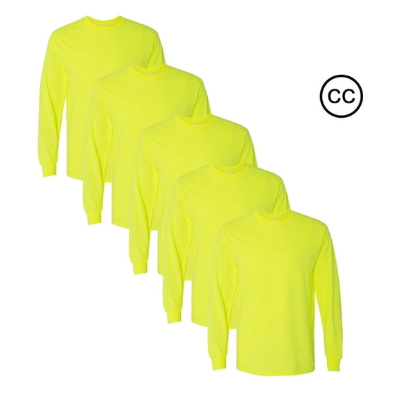 Gildan High Visibility Work Safety Shirts | Mens Safety Long Sleeve Tee 5.3 oz | Pack of 5, Hi Vis Safety Green T-Shirt, Size L