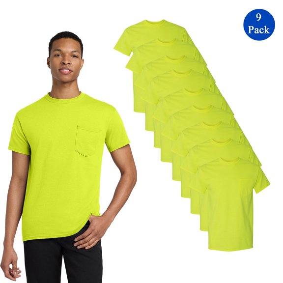 Gildan High Visibility Work Shirt, Men's 9 Pack Short Sleeve Pocket T-Shirt, Safety Green, XL