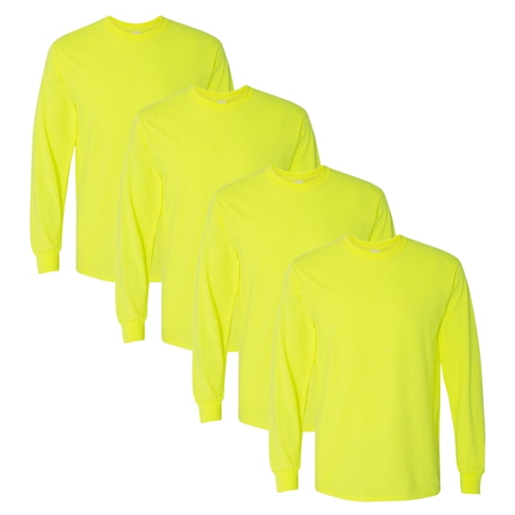 Gildan Hign Visibility Unisex Safety Cotton Long Sleeve Work T-Shirt, Pack Of 4 (Safety Green, 2XL)