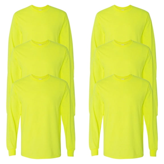 Gildan Hign Visibility Unisex Safety Cotton Long Sleeve Work T-Shirt, Pack Of 6 (Safety Green, L)