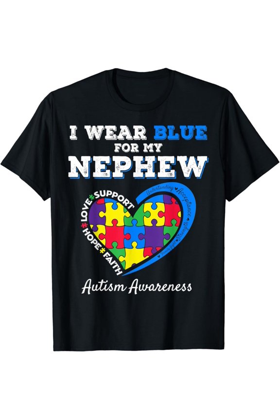 I Wear Blue For My Nephew Autism Awareness Uncle Aunt Puzzle T-Shirt Gift for Men Women Unisex Tee