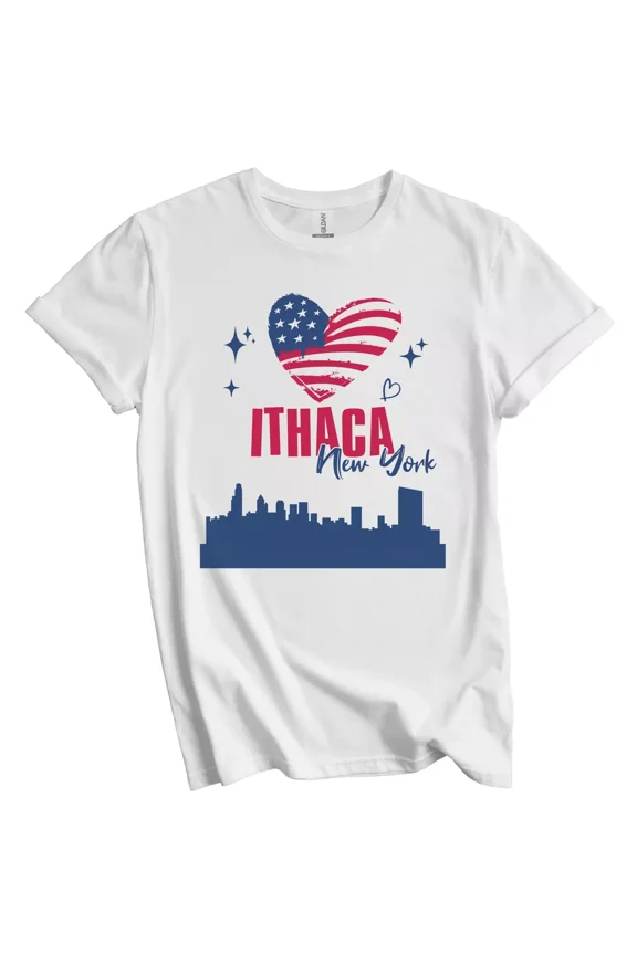 Ithaca New York Skyline American Flag Heart 4th of July T-Shirt Gift for Men Women Unisex Tee