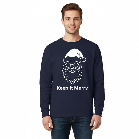 Gildan Keep It Merry Design Sweatshirt for Men, Navy Christmas Print Crewneck Sweater, XL