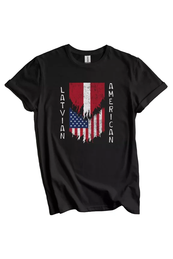 Latvian American Flags Ripped Torn Latvia T-Shirt Gift for Men Women Unisex Tee