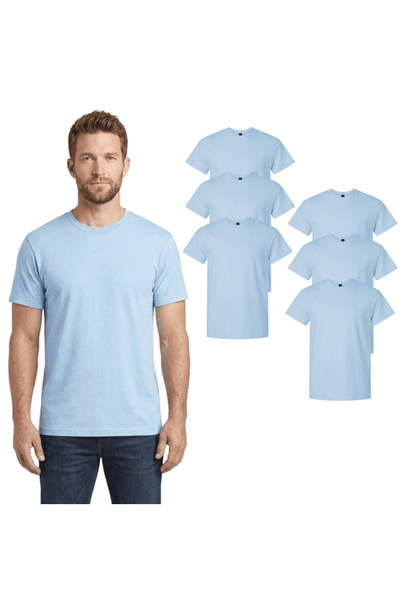 Light Cotton Men Short Sleeve T-Shirt, Modern Classic Fit Light Blue Tee Bulk, 6 Pack, L