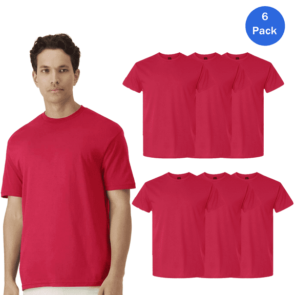 Gildan Light Cotton T-Shirt - Red, Men's Short Sleeve Crew Neck 100 Cotton Tee, 6 Pack, M