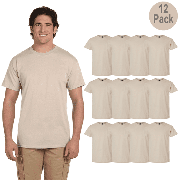 Gildan Light Cotton T-Shirt for Men, Short Sleeve Crew Neck Modern Fit Bulk Tee, Sand, S, 12 Pack