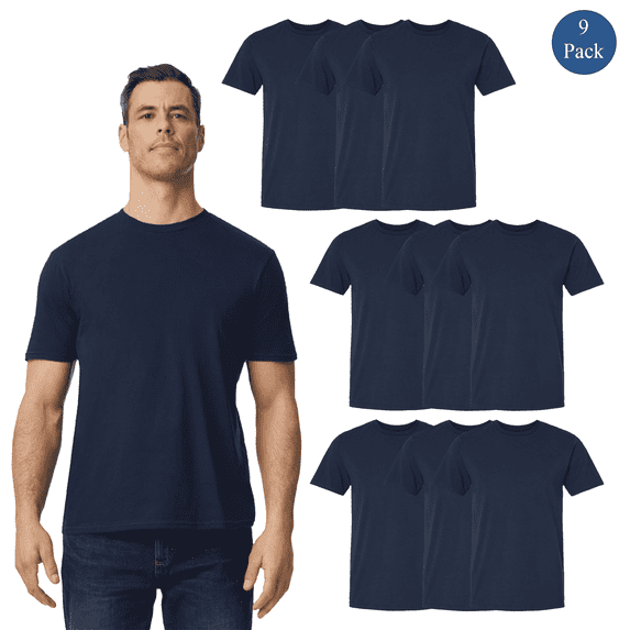 Gildan Lightweight Short Sleeve T-Shirt for Men, 100% Cotton Crewneck Navy Classic Tee, 9 Pack, M